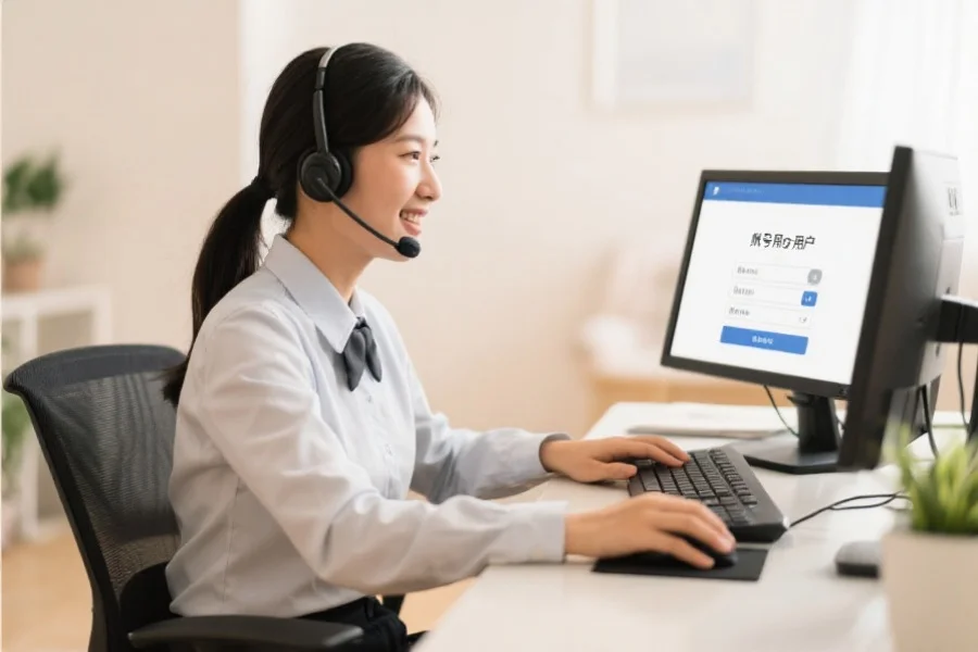 一位客服人员通过电脑与用户沟通，协助用户解决账号问题，画面温馨专业