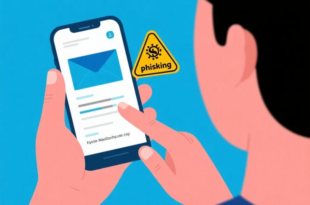 一只手拿着智能手机,屏幕上显示一封带有网络钓鱼警告的电子邮件