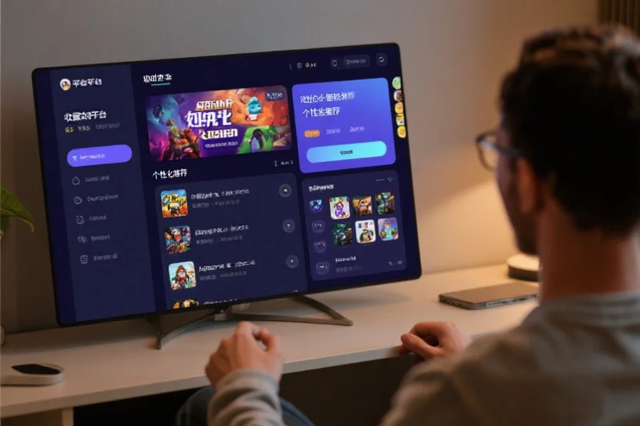 用户在娱乐平台中使用收藏夹和个性化推荐功能，界面显示心仪游戏列表和智能推荐模块
