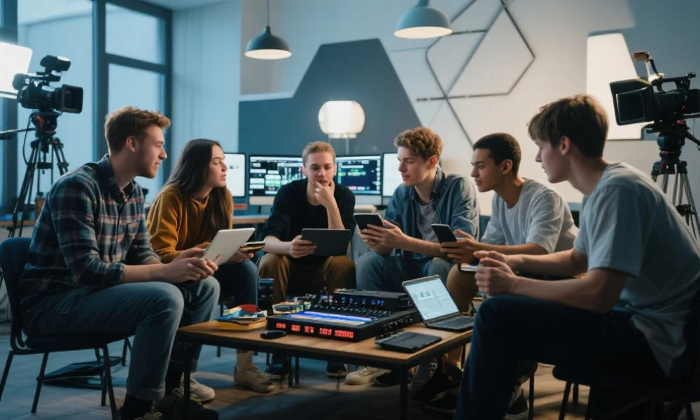 一群年轻人围坐在现代风格的影像工作室中，正用各类数码设备进行创意剪辑和交流