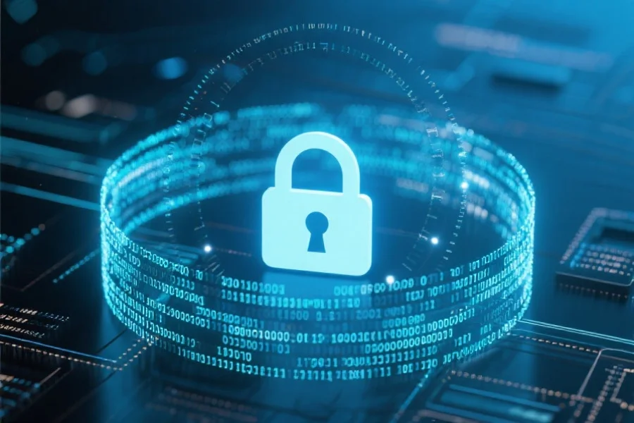 抽象展示数据加密过程，数字代码流环绕着锁形安全符号