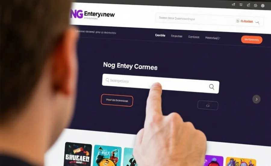 一位用户在NG娱乐网站上使用搜索栏查找游戏，界面简洁明了，突出操作步骤
